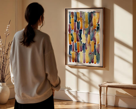 Peaceful watercolour abstract with early morning colours. First Light wall art capturing colours of a sunrise sky