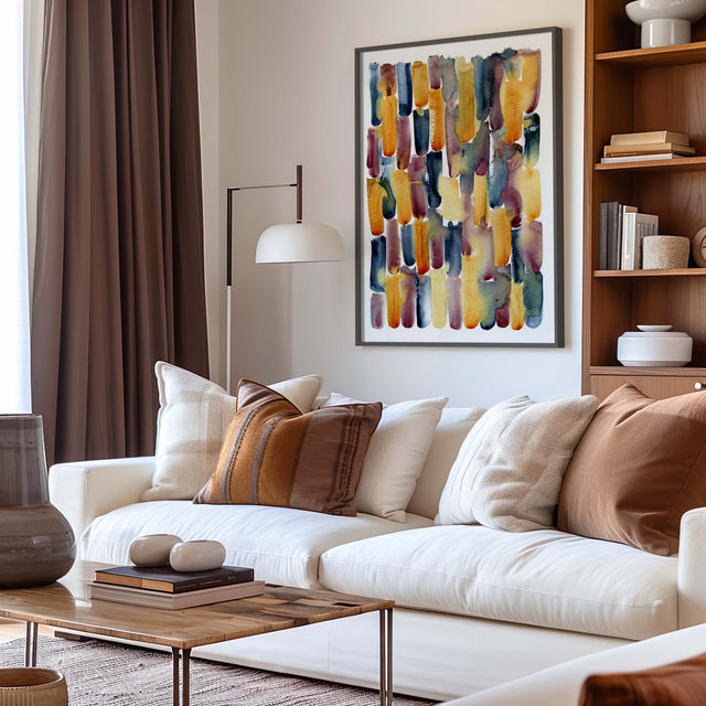 Hand-painted abstract in indigo and warm earthy tones. Watercolour wall art inspired by the colours of dawn