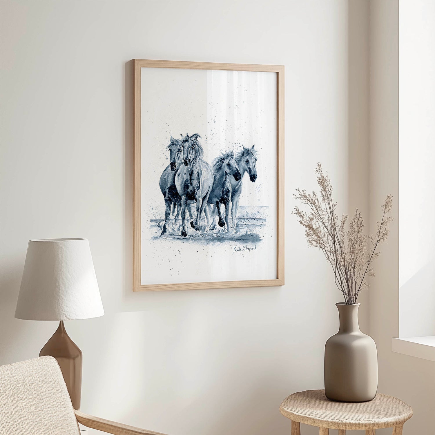 'Running Wild' Galloping Horses Monochrome Watercolour Horse Print, Equestrian Inspired Wall Art, Indigo And White Dynamic Home Decor