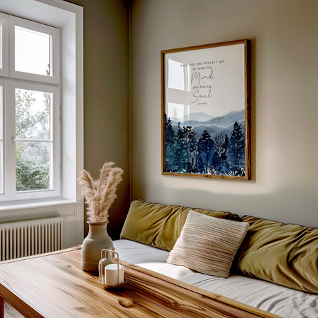 Nature-inspired art print with peaceful scenery and a soul-soothing quote from John Muir. Watercolour mountain and forest print with uplifting nature quote for home or office decor.