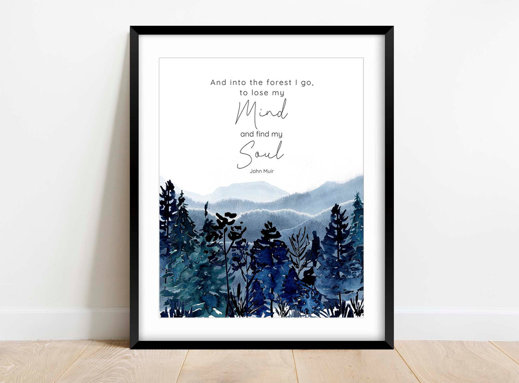 John Muir quote enthusiast gift idea, Tranquil forest scenery print with soulful verse, Wilderness-inspired wall decor