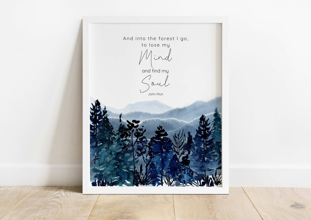 Watercolour forest scene with mountain backdrop Inspirational nature quote print for home decor, Watercolour forest scene