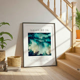 Isaiah 40:26 - Starry sky scripture print with layered dark blues, soft clouds and twinkling star details.