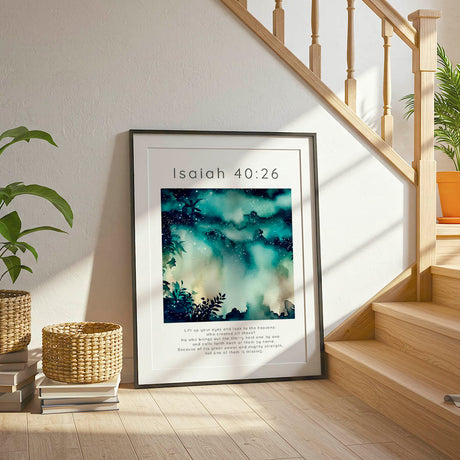 Isaiah 40:26 - Starry sky scripture print with layered dark blues, soft clouds and twinkling star details.