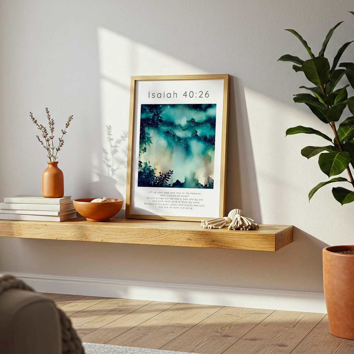 Isaiah 40:26 - Christian wall art featuring a deep night sky scene with stars and dark silhouetted leaves.