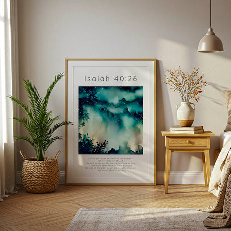 Isaiah 40:26 - Bible verse picture with rich teal and navy tones and a scattering of bright stars overhead.