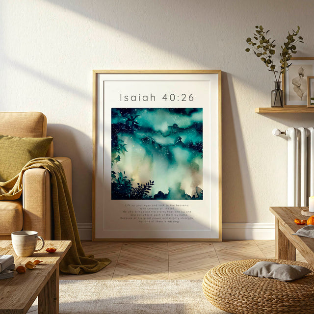 Isaiah 40:26 - Scripture verse poster with deep navy starry night sky and silhouetted foliage framing the edges.