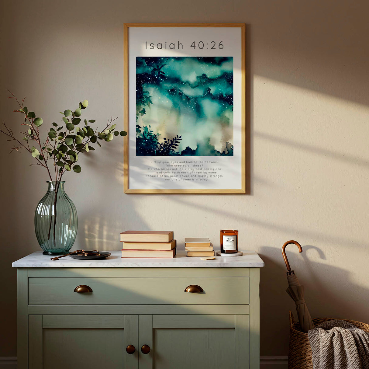Isaiah 40:26 - Heavens Bible verse print featuring a richly toned starry sky in deep blue and teal tones.