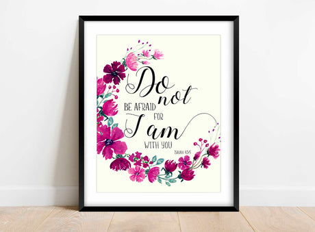 Graceful pink and purple floral print showcasing Isaiah 43:5, Elegant pink and purple flower art print with Bible verse Isaiah 43:5