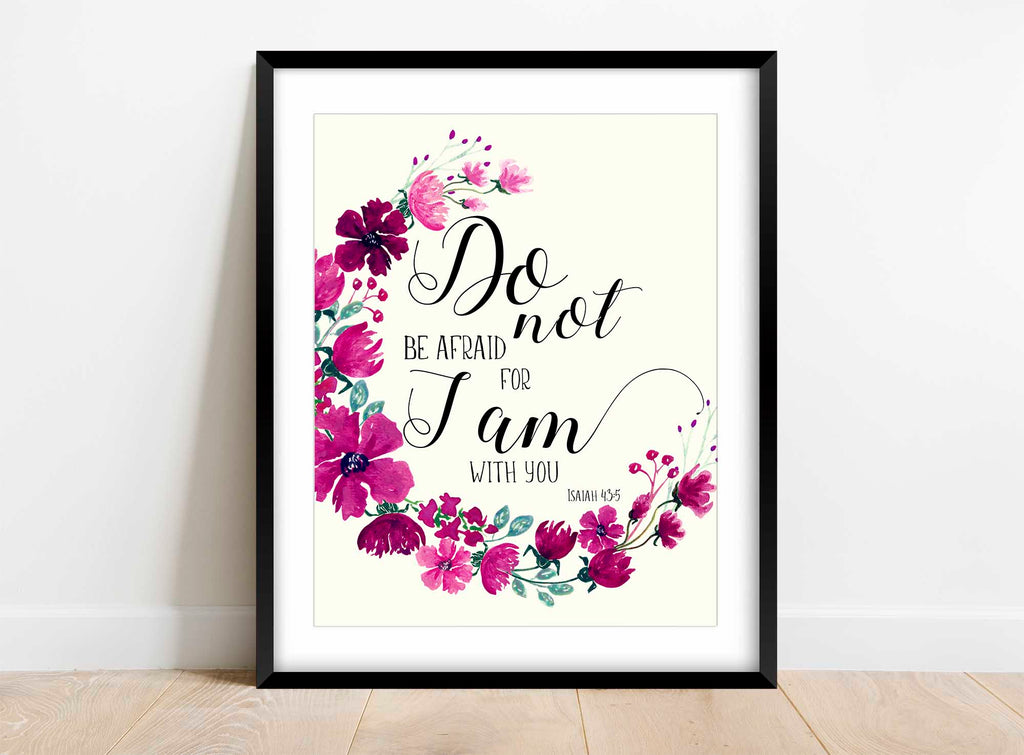 Graceful pink and purple floral print showcasing Isaiah 43:5, Elegant pink and purple flower art print with Bible verse Isaiah 43:5