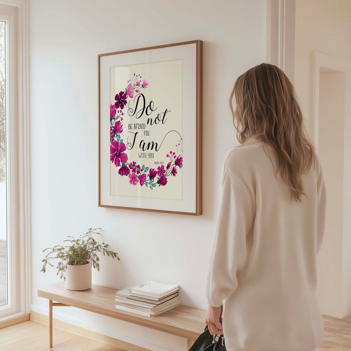 Faith inspired scripture print with calming floral design, reminding of God’s presence and comfort.