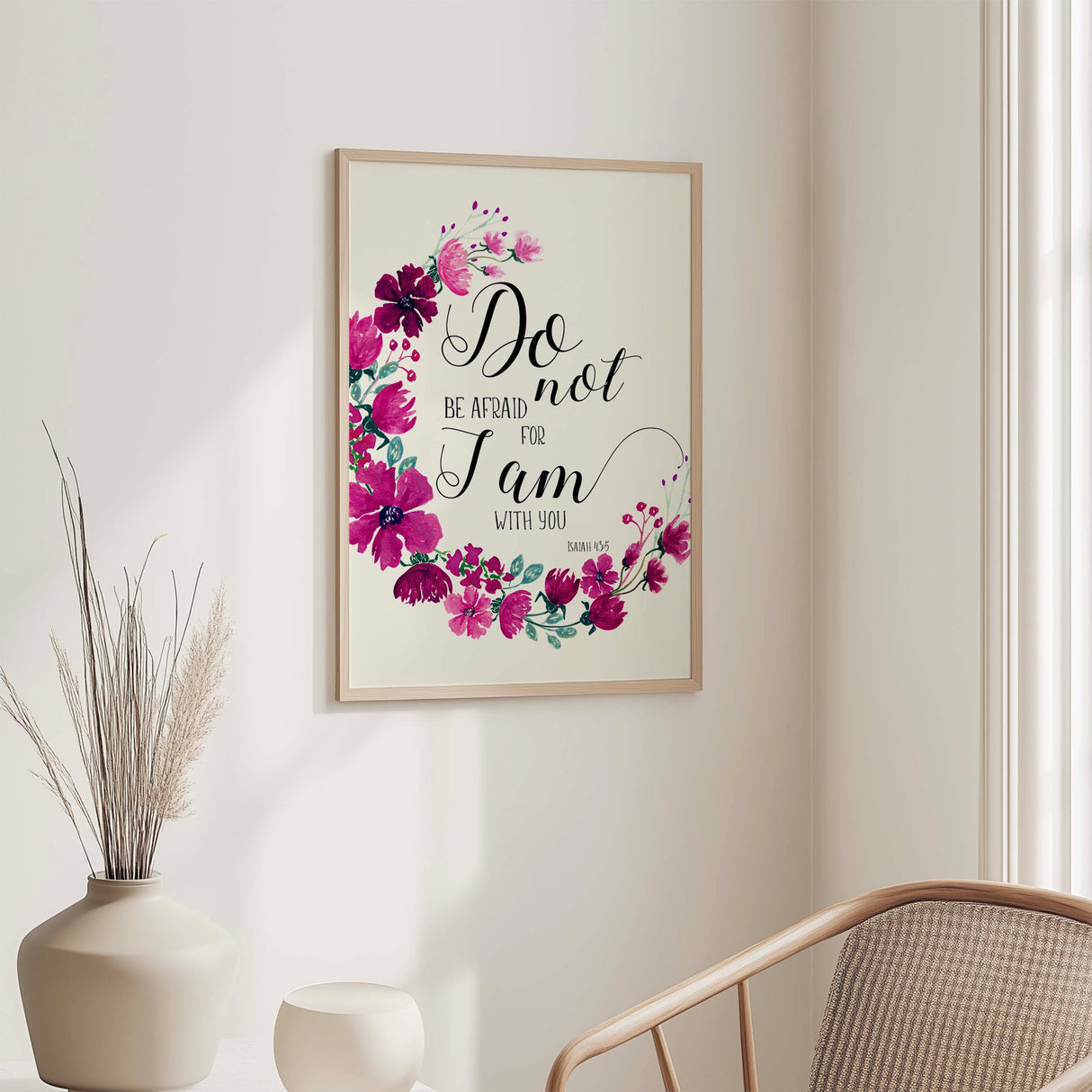 Isaiah 43:5 Bible verse print with pink and purple floral border, Do Not Be Afraid scripture art.