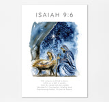 Christmas nativity art with watercolor style and a Bible verse from Isaiah.