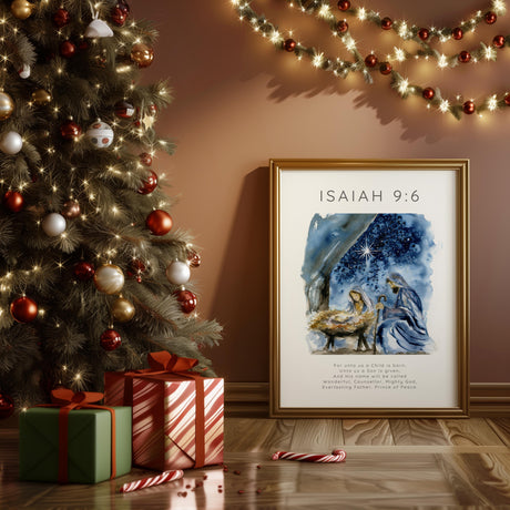 Hand-painted watercolour nativity scene with Isaiah 9:6 scripture, featuring calming tones and a serene depiction of the birth of Jesus.