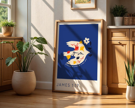 Bible verse print with a bird on a blue background carrying flowers and the quote from James 1:17.