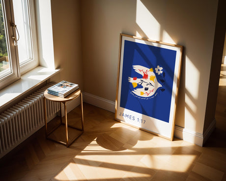 Inspirational scripture print with a floral-carrying bird and James 1:17 on a soft blue background.