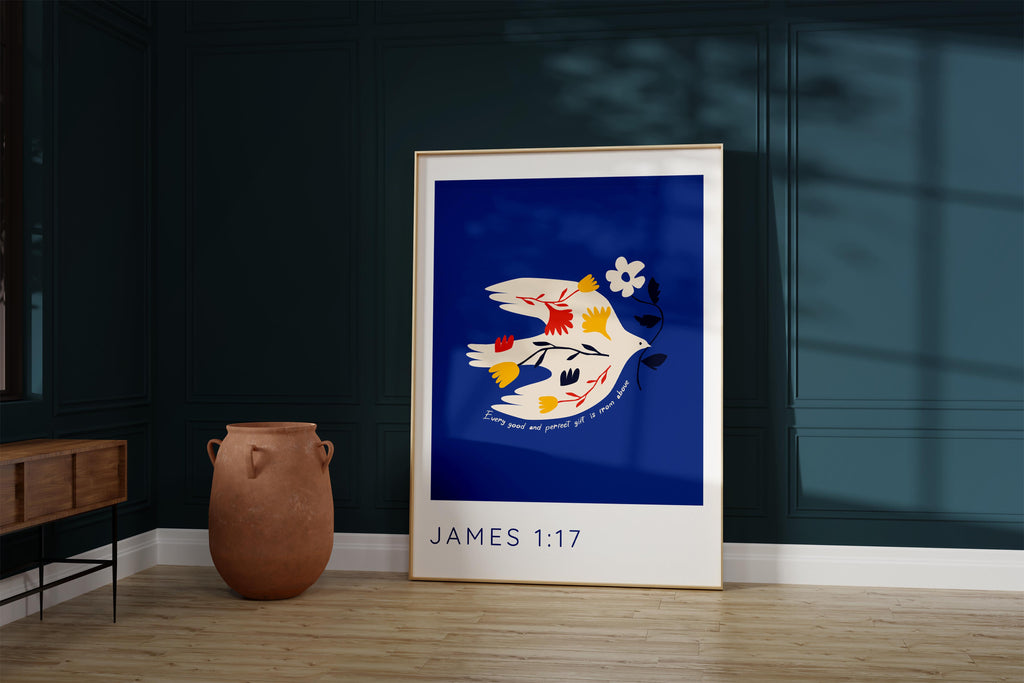 James 1 17 Print, Christian Faith Poster, Christian Nursery Art Idea, Graceful dove and flower illustration, james 1 17 print