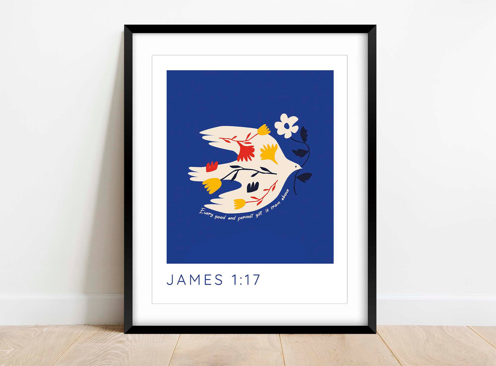 Graceful dove with flower, James 1:17 quote, dark blue wall decor, Christian home decoration, "Perfect gift from above" dove illustration