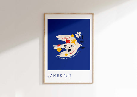 "Gift from above" scripture print, dove illustration, dark blue decor, Divine blessings art, James 1:17 verse, dove and flower design