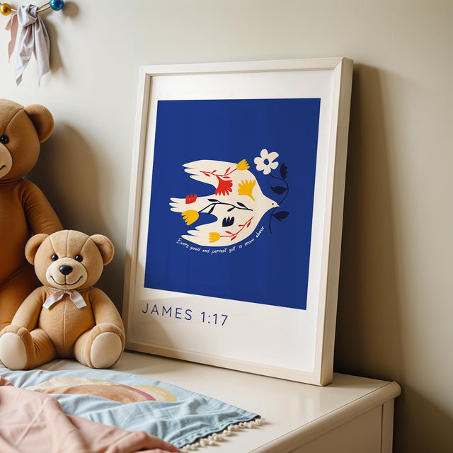 Christian wall art showing a bird with flowers and the verse "Every good and perfect gift comes from above."