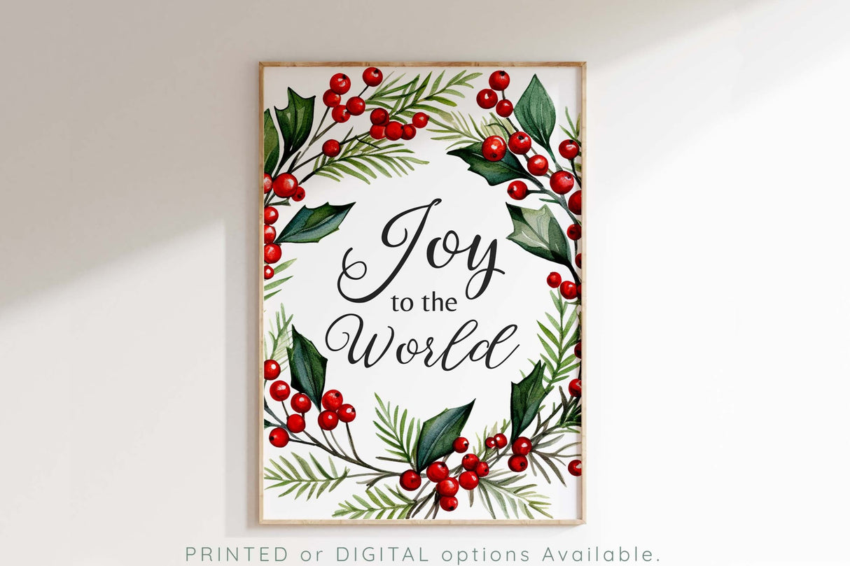 Traditional Christmas decor print with 'Joy to the World' in the center.