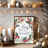 Classic Christmas carol print with 'Joy to the World' framed by a holly wreath