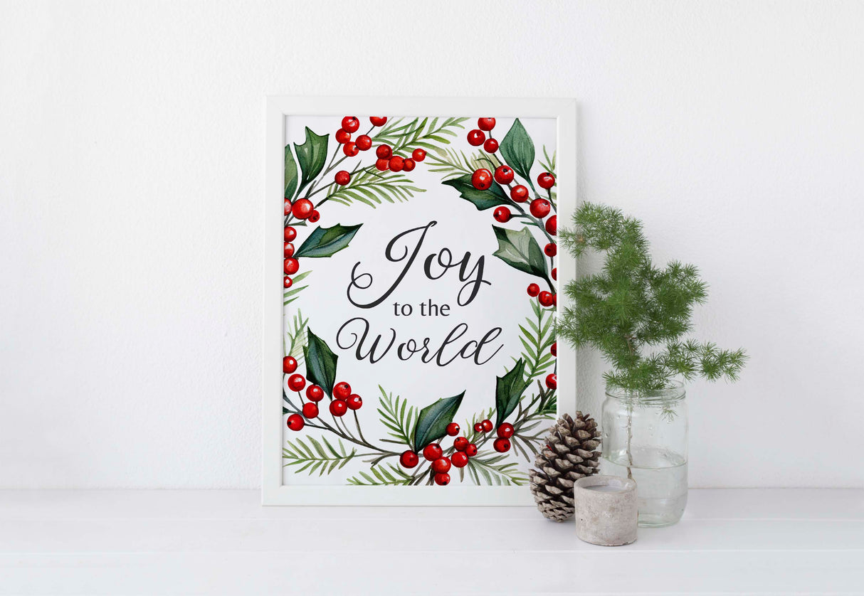 Christmas print with 'Joy to the World' and a decorative holiday wreath.