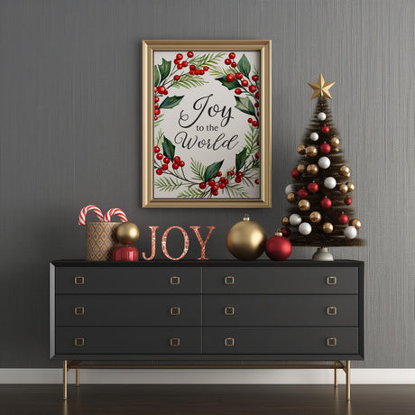 Festive "Joy to the World" Christmas print with a vibrant red berry and holly wreath, perfect for adding holiday cheer to your home decor.