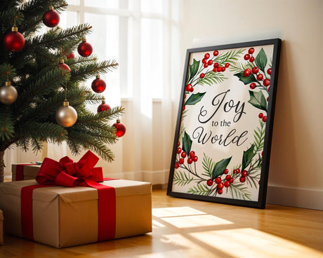 "Joy to the World" Christmas carol wall art framed by a festive red berry and holly wreath in classic red and green holiday colors.