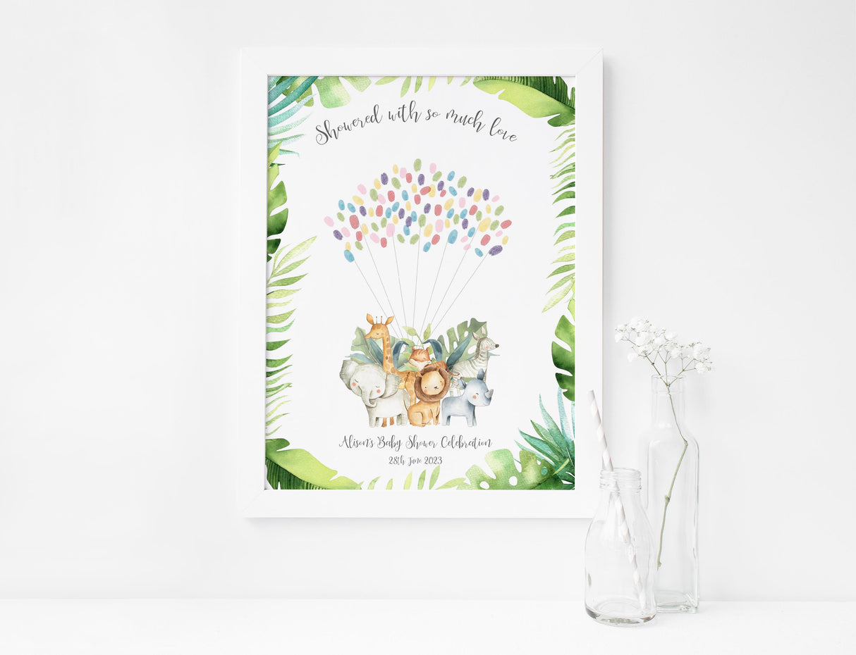 Jungle baby shower activity with custom wording, Custom jungle safari fingerprint guest book, jungle baby shower theme ideas