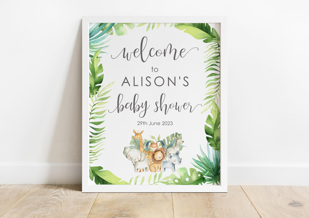 Jungle Baby Shower Welcome Print, Tropical Safari Baby Shower Decor, Personalised jungle baby shower welcome print