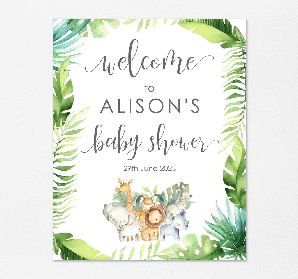 Custom jungle-themed baby shower welcome poster, Personalised jungle safari baby shower welcome sign, baby shower entrance print