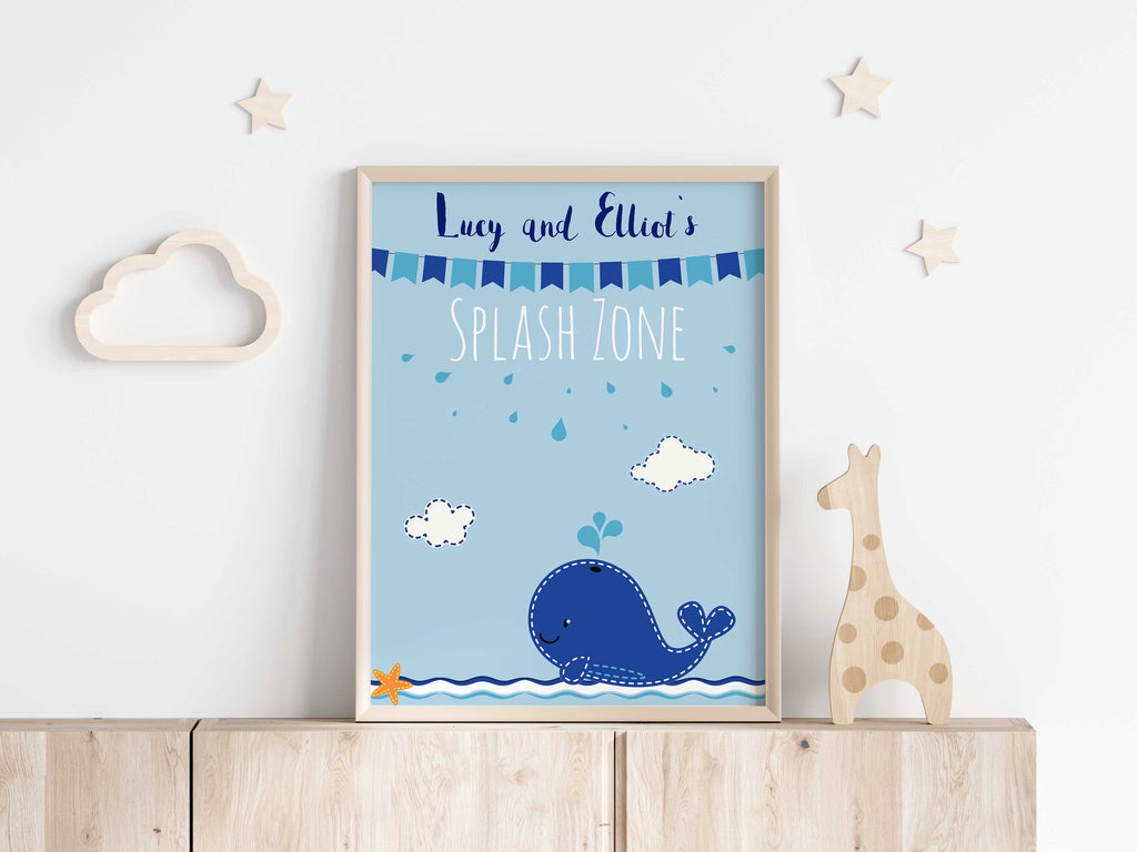 Personalized kids bathroom print with name: Splash Zone in blue, Custom kids bathroom artwork: Splash Zone with starfish and whale
