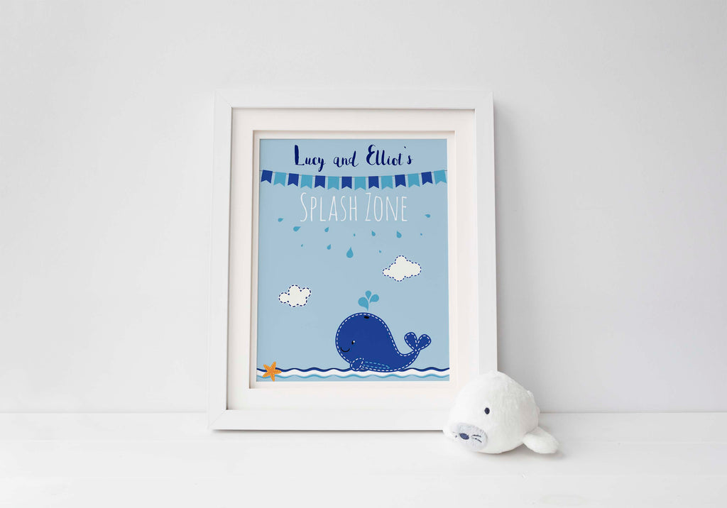 Whimsical kids bathroom decor: Splash Zone with starfish and whale, Personalized underwater-themed kids bathroom print: Splash Zone