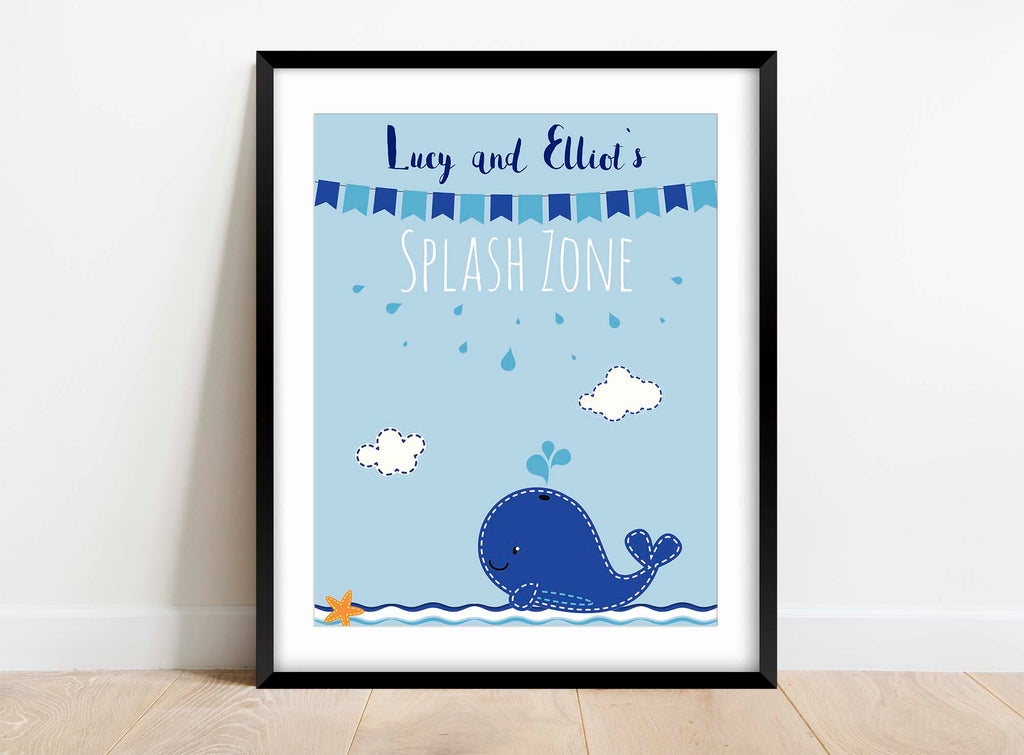 Blue whale and starfish kids bathroom art: Splash Zone with name, Adorable custom kids bathroom print: Splash Zone with child's name