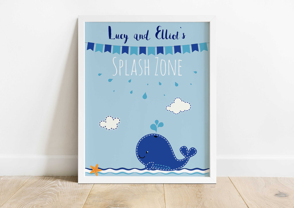 Ocean-inspired personalized kids bathroom decor: Splash Zone in blue, Child's name in a Splash Zone: Blue kids bathroom print with starfish and whale