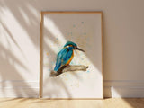 Hand-painted kingfisher bird art print in watercolour style, Detailed kingfisher bird watercolour print on paper