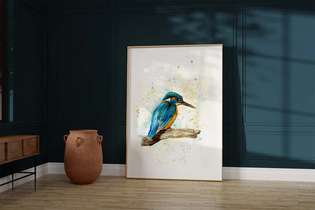 Elegant kingfisher bird print in watercolour, Wildlife-themed kingfisher bird art print collection, kingfisher watercolour