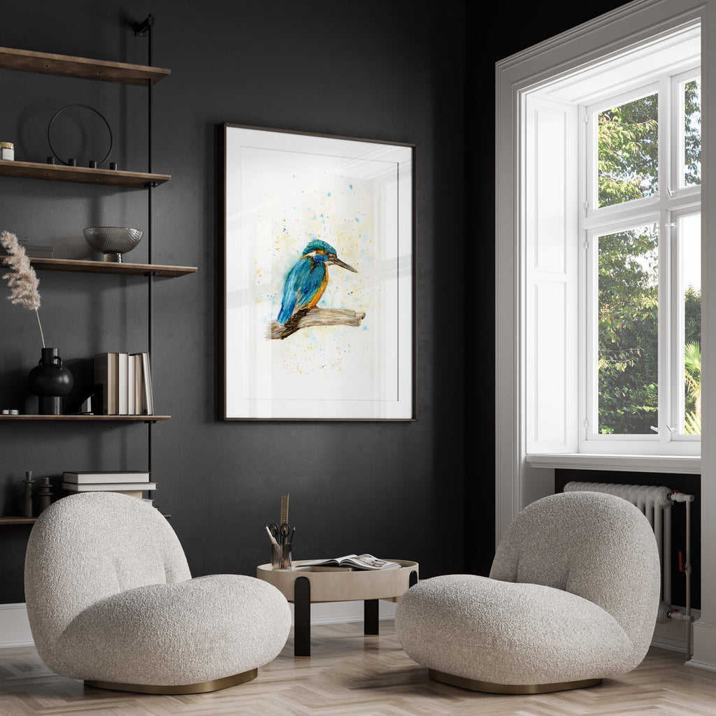 Whimsical kingfisher bird illustration print, Contemporary kingfisher bird watercolour artwork, kingfisher bird decor print