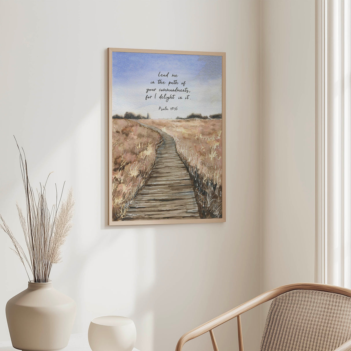 Gentle watercolour scene of a wooden walkway with faith-themed verse for Christian wall decor.