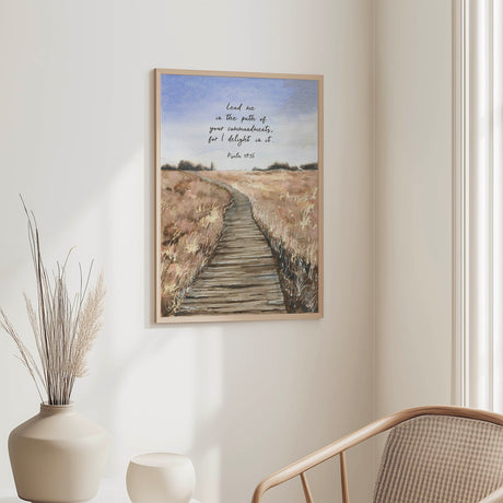 Gentle watercolour scene of a wooden walkway with faith-themed verse for Christian wall decor.