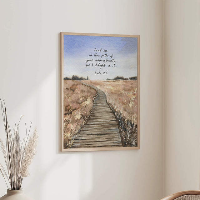Gentle watercolour scene of a wooden walkway with faith-themed verse for Christian wall decor.