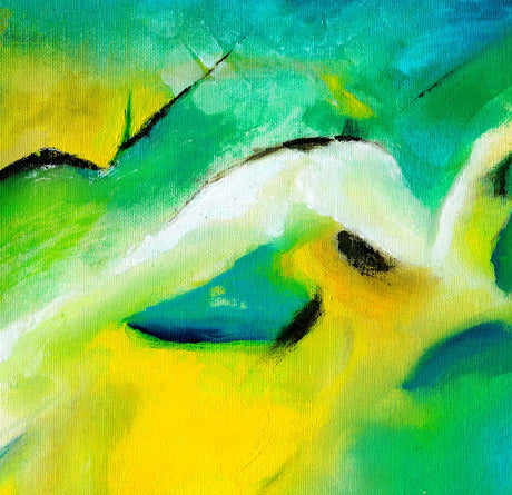 Abstract art print in yellow, blue, and green tones.