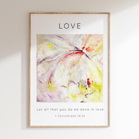 1 Corinthians 16:14 – pastel Christian print with uplifting scripture verse.