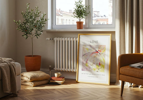 1 Corinthians 16:14 – pastel abstract love scripture print with soft textures.