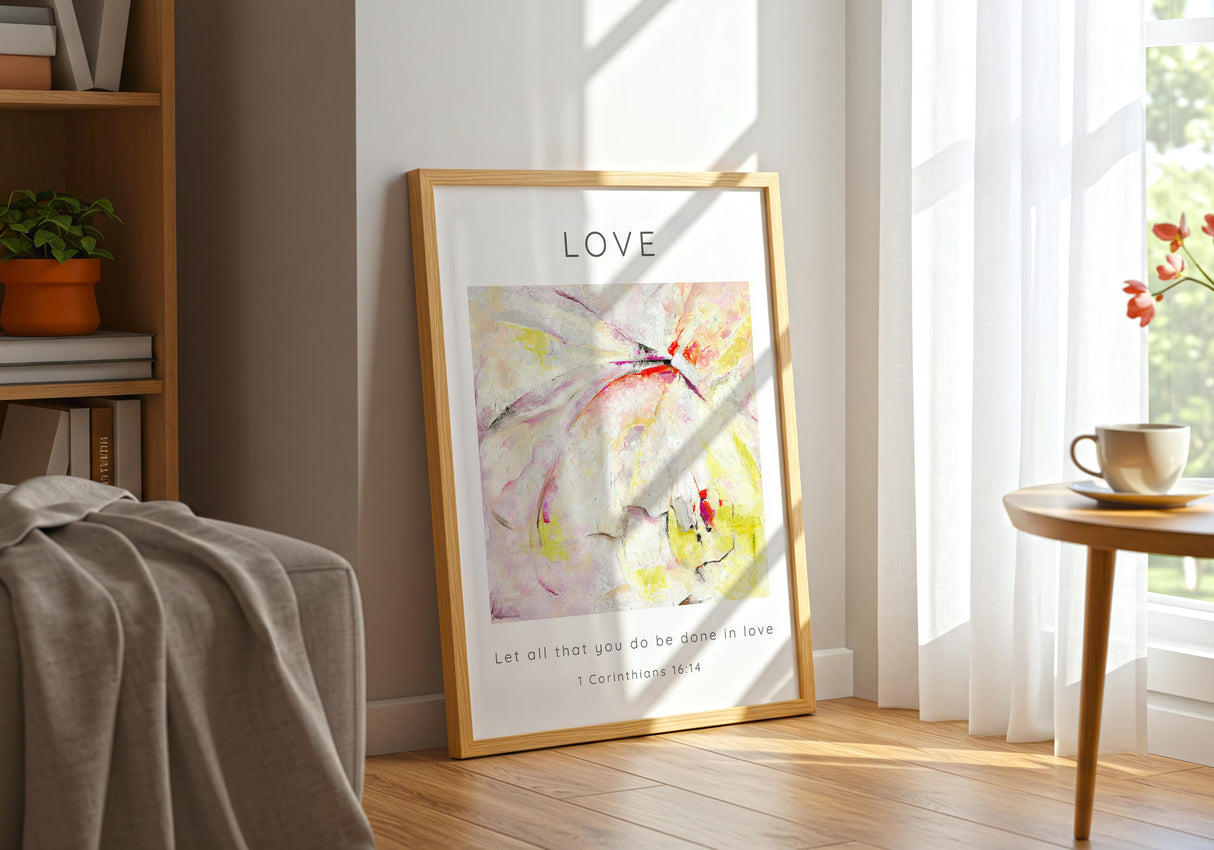 1 Corinthians 16:14 – Christian home decor print with vibrant abstract artwork.