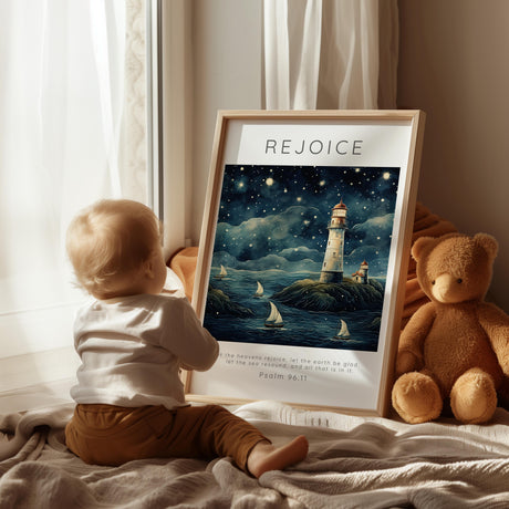 Nautical Scripture print with Psalm 96:11 and a tranquil sea scene under a rejoicing sky. Lighthouse and sailing boats in motion on a vibrant sea, echoing the words of Psalm 96:11.