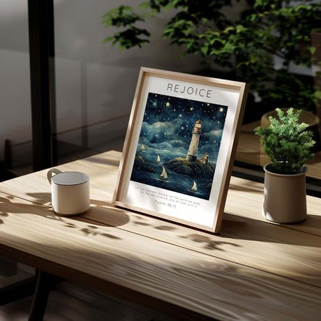 Bible verse art print inspired by Psalm 96:11 showing boats sailing on waves near a glowing lighthouse. Coastal-themed Christian wall art with a lighthouse, ocean waves, and boats illustrating “Let the sea resound.”