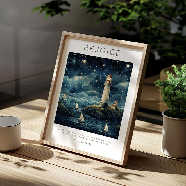 Bible verse art print inspired by Psalm 96:11 showing boats sailing on waves near a glowing lighthouse. Coastal-themed Christian wall art with a lighthouse, ocean waves, and boats illustrating “Let the sea resound.”