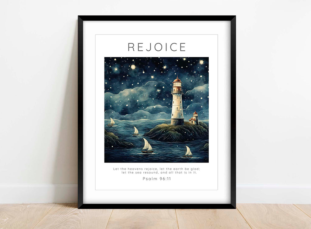 Psalm 96 inspired boat and lighthouse decor, Inspirational Christian wall art with Psalm 96, Tranquil nautical scene